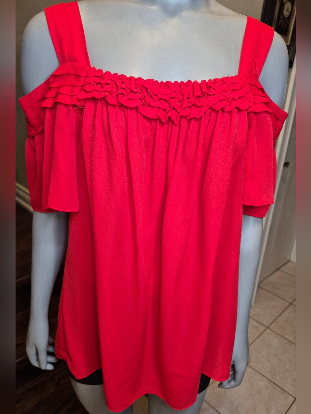 Sophie Max Bright Red Ruffled Cold-Shoulder Top - Picture 1 of 14